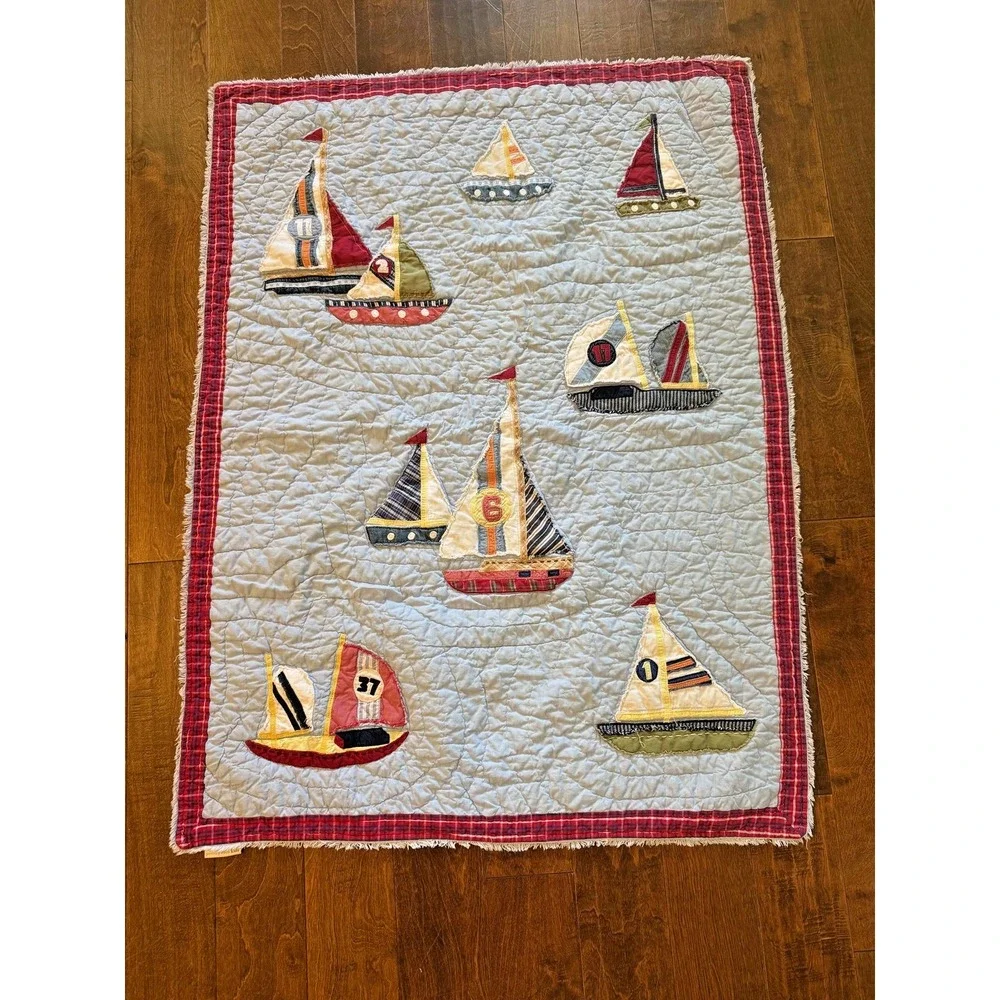 Pottery Barn Kids Quilt Blue 48x36 Embroidered Cotton Sailboat Nursery Throw
